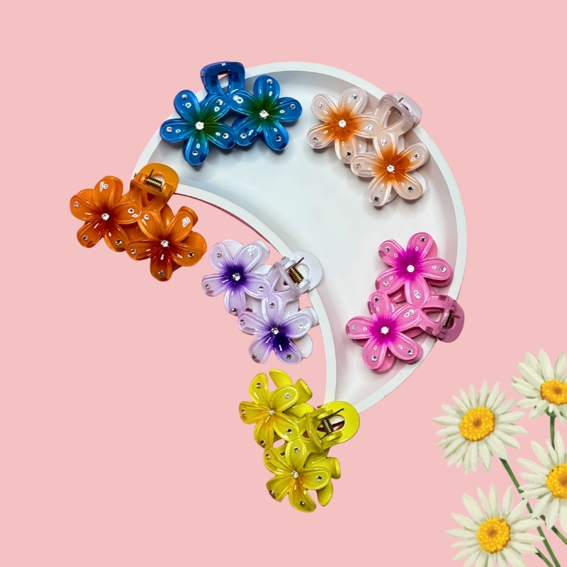 Stylish Glossy Double Flower Medium Floral Hair Claw Clips PACK of 3 Hair Clip