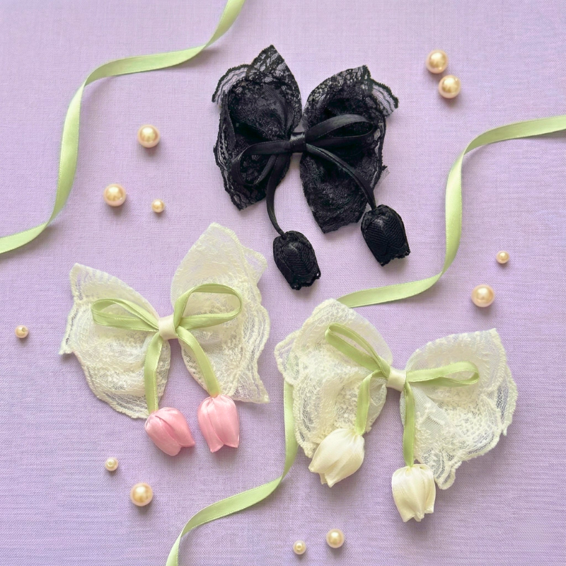 Romantic Lace Hair Bow with Satin Tulip Drops