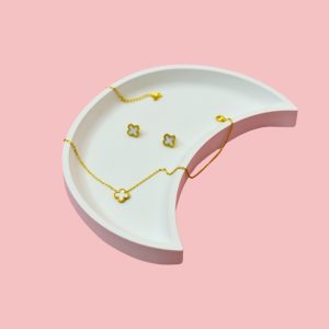 Classic White Clover Gold Locket & Earring Set