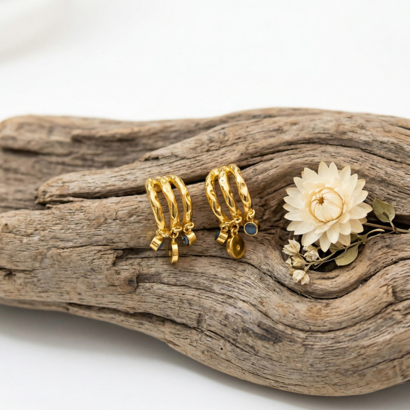 Textured Triple-Band Gold Half Hoops with Charms