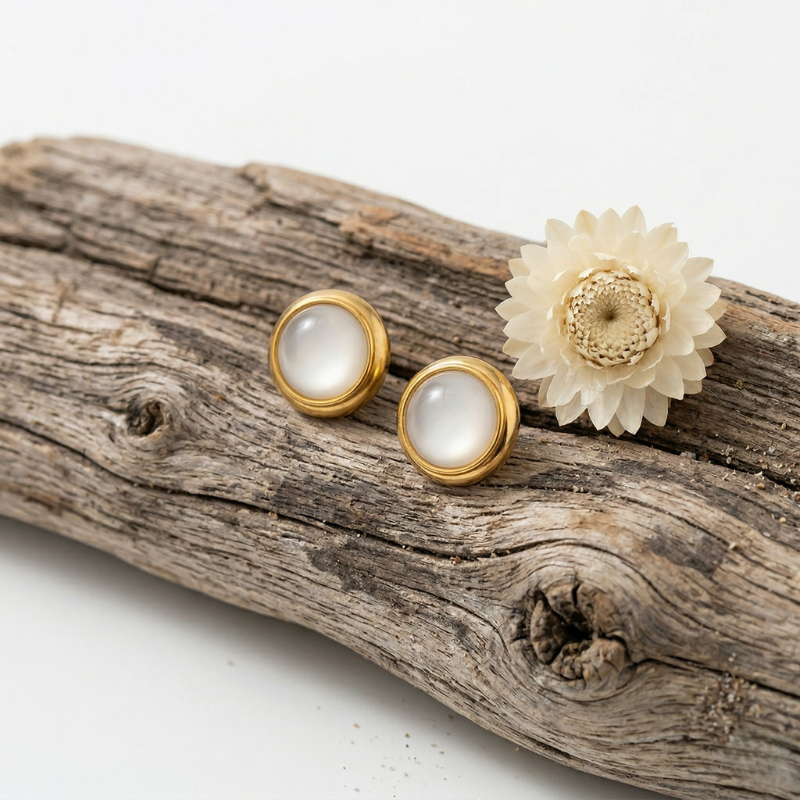 Classic Gold Bezel & Luminous Cabochon Button Studs