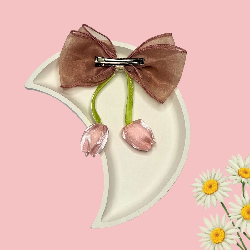 Whimsical Sheer Organza Hair Bow with Satin Tulip Drops - Image 7