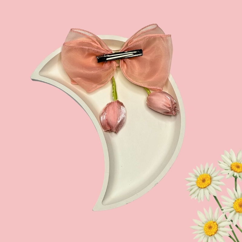 Whimsical Sheer Organza Hair Bow with Satin Tulip Drops - Image 3