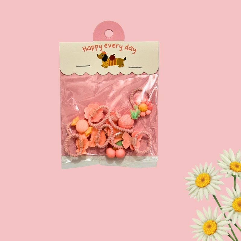 Sweet Pink Floral & Fruit Mini Charm Hair Ties One Set - Image 3