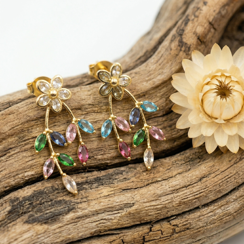 Crystal Blossom & Colorful Vine Drop Earrings
