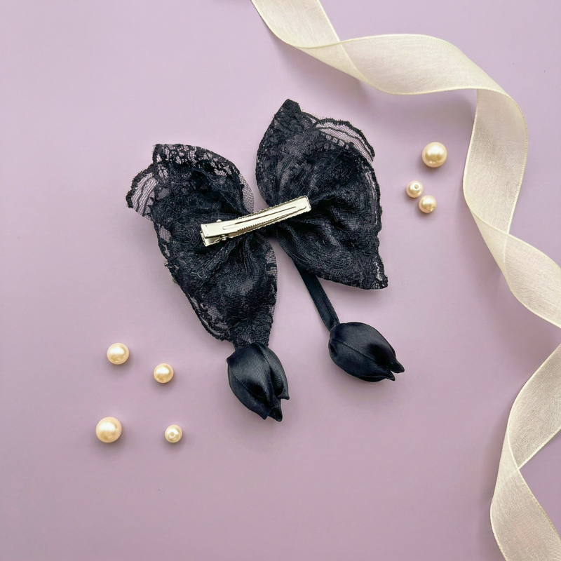 Romantic Lace Hair Bow with Satin Tulip Drops - Image 5