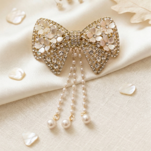 Elegant Crystal & Floral Bow Hair Clutcher with Pearl Drops