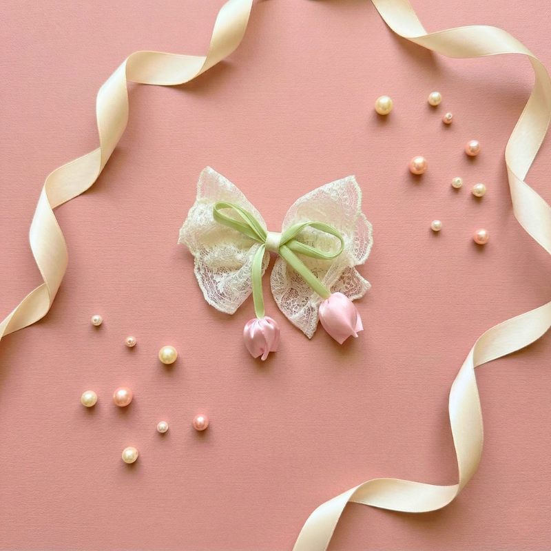 Romantic Lace Hair Bow with Satin Tulip Drops - Image 2