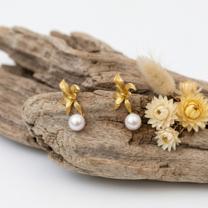 Golden Floral Pearl Drop Earrings
