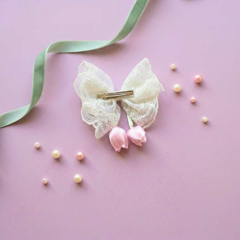Romantic Lace Hair Bow with Satin Tulip Drops - Image 3