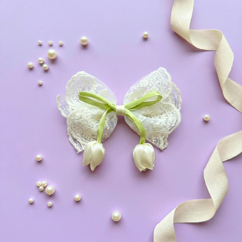Romantic Lace Hair Bow with Satin Tulip Drops - Image 6