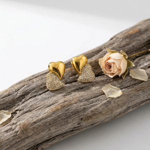 Double Heart Gold & Pave Crystal Stud Earrings