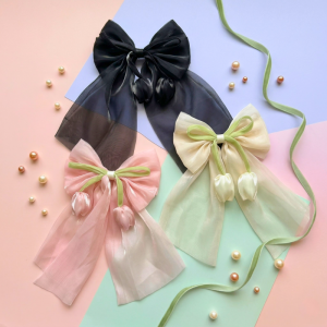 Oversized Shimmer Organza Bow with Trailing Tails & Tulip Drops