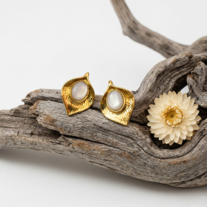 Vintage-Inspired Gold Leaf & Pearl Cabochon Earrings